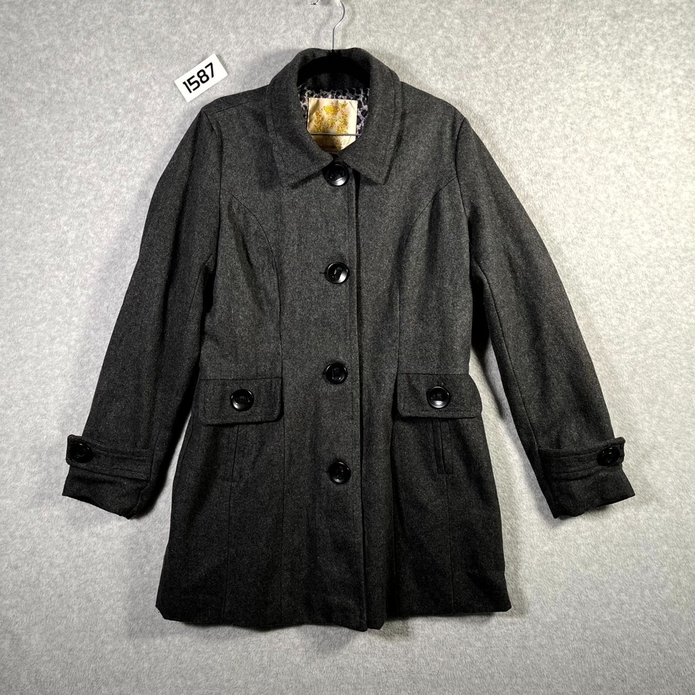 Wet Seal Overcoat Women Large Dark Gray Wool Long Sleeve Button Front Winterwear